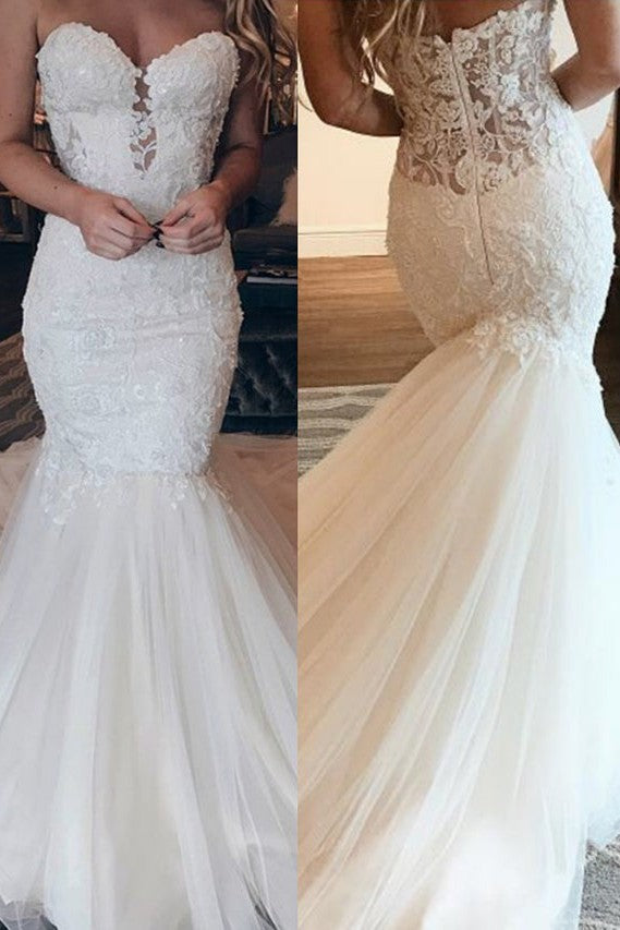 Affordable Strapless Tulle Lace Wedding Dress Chic Mermaid Sleeveless Long Dress For Wedding-Ballbella