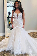 Affordable V neck Sleeveless White Lace Bridal gowns with Train-Ballbella