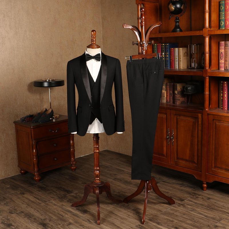 All Black Three-pieces Custom Wedding Suit For Grooms-Ballbella