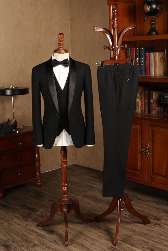 All Black Three-pieces Custom Wedding Suit For Grooms-Ballbella