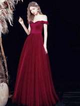 Amazing Evening Dress A-Line Bateau Neck Satin Fabric Floor-Length Formal Dinner Dresses Burgundy Pageant Dress-Ballbella