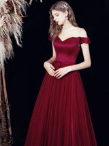 Amazing Evening Dress A-Line Bateau Neck Satin Fabric Floor-Length Formal Dinner Dresses Burgundy Pageant Dress-Ballbella