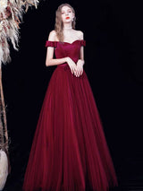 Amazing Evening Dress A-Line Bateau Neck Satin Fabric Floor-Length Formal Dinner Dresses Burgundy Pageant Dress-Ballbella