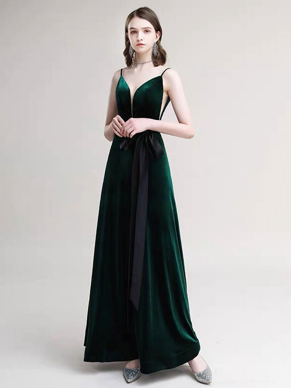 Amazing Evening Dress A Line V Neck Velour Floor Length Sash Social Pageant Dresses-Ballbella