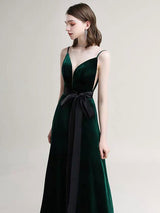 Amazing Evening Dress A Line V Neck Velour Floor Length Sash Social Pageant Dresses-Ballbella