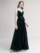 Amazing Evening Dress A Line V Neck Velour Floor Length Sash Social Pageant Dresses-Ballbella