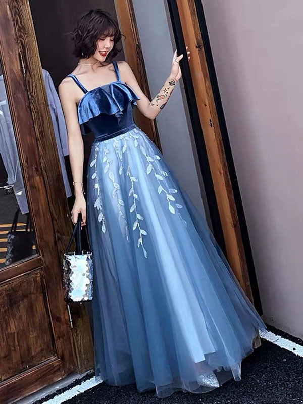 Amazing evening dress Tulle A Line Straps Ankle Length Leaf Lace Formal Homecoming Party Dresses-Ballbella