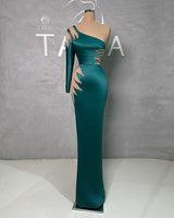 Amazing Floor Length One Shoulder Rhinestones Long Sleeve Prom Dress With Detachable Train-Ballbella