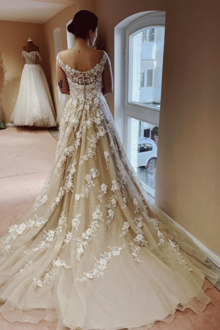 Amazing Long A-line Lace Wedding Dresses With Train-Ballbella