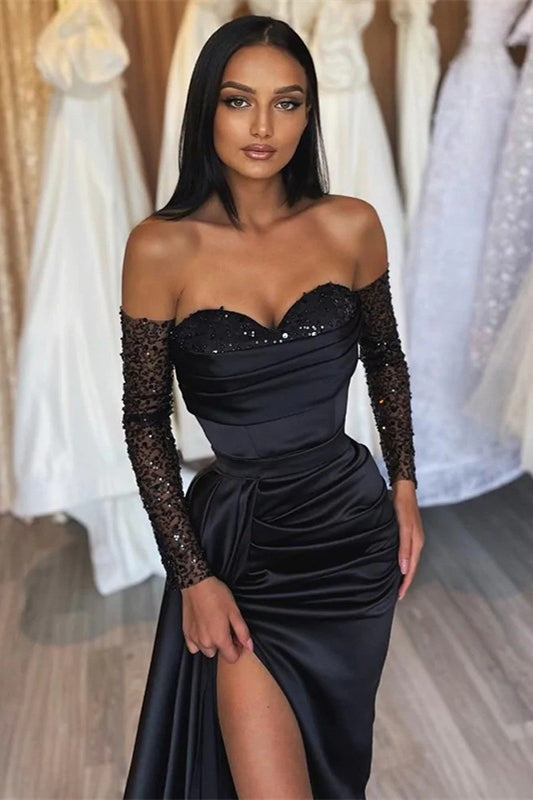 Amazing Long Black Mermaid Front Split Long Sequins Prom Dresses-Ballbella