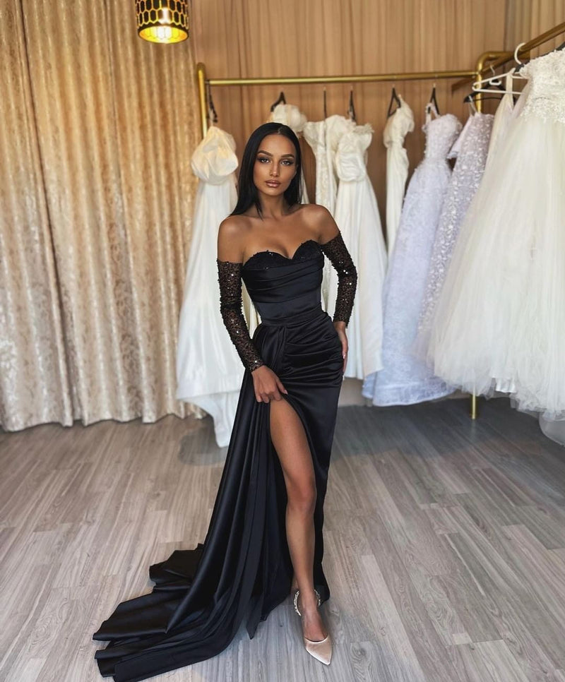 Amazing Long Black Mermaid Front Split Long Sequins Prom Dresses-Ballbella