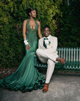 Amazing Long Dark Green Mermaid Sleeveless Beading Prom Dresses With Lace-Ballbella