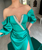 Amazing Long Green Off-the-Shoulder Prom Dresses Long Slit Online-Ballbella