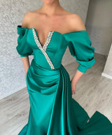 Amazing Long Green Off-the-Shoulder Prom Dresses Long Slit Online-Ballbella