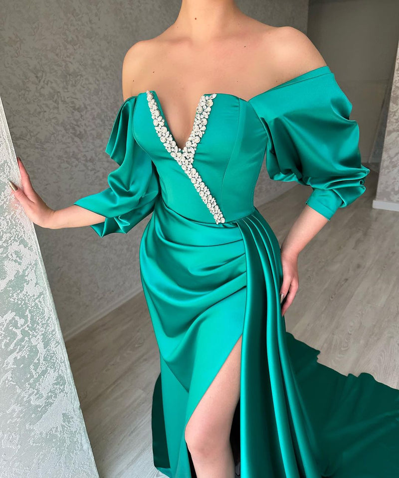 Amazing Long Green Off-the-Shoulder Prom Dresses Long Slit Online-Ballbella