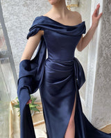 Amazing Long Navy Off-the-Shoulder Mermaid Prom Dresses Long Slit Online-Ballbella