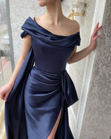 Amazing Long Navy Off-the-Shoulder Mermaid Prom Dresses Long Slit Online-Ballbella