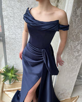 Amazing Long Navy Off-the-Shoulder Mermaid Prom Dresses Long Slit Online-Ballbella