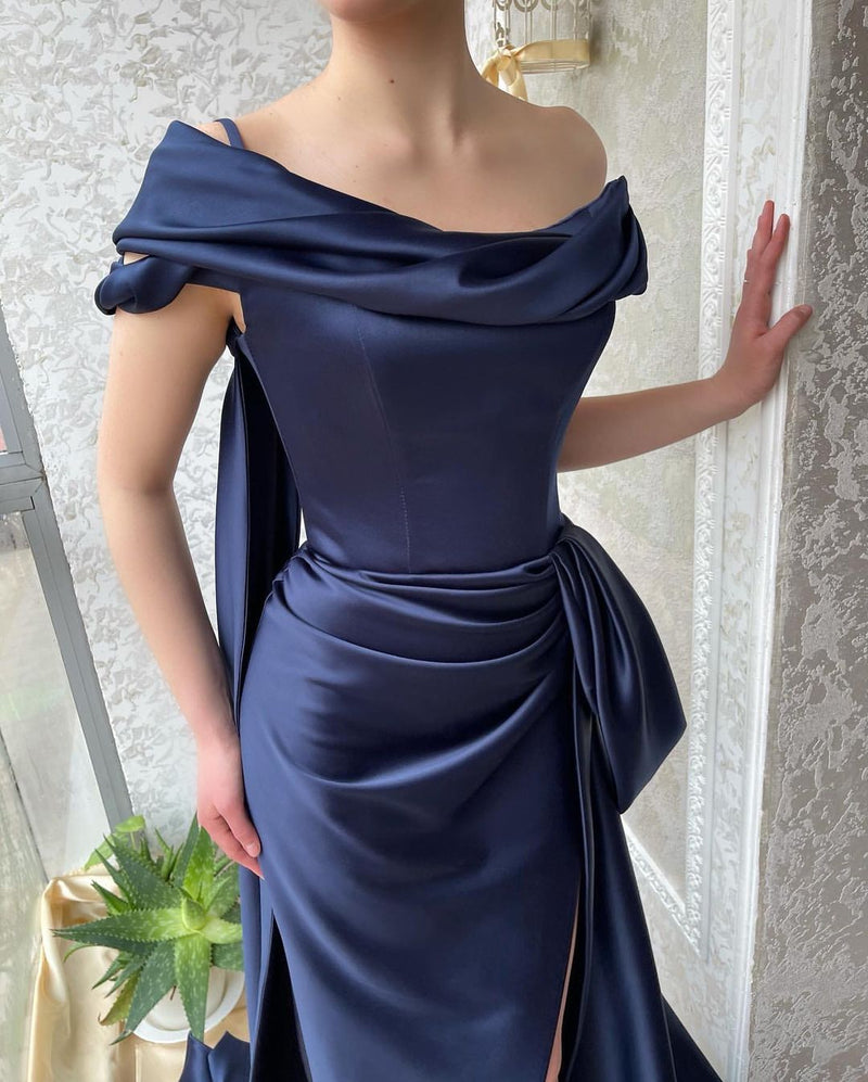 Amazing Long Navy Off-the-Shoulder Mermaid Prom Dresses Long Slit Online-Ballbella