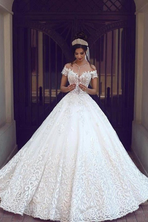 Amazing Off the Shoulder Lace New Short Sleeve Long Wedding Dresses-Ballbella