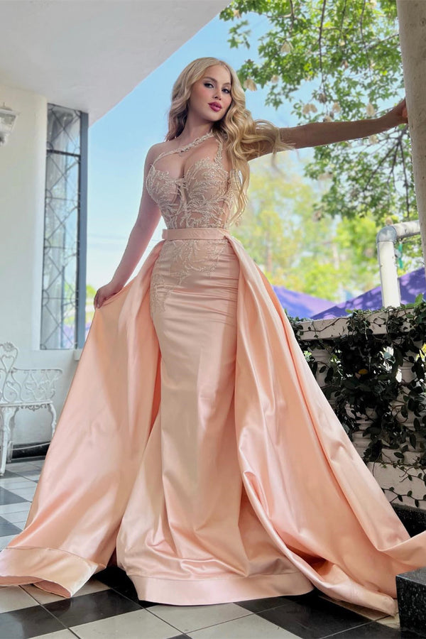 Amazing One Shoulder Mermaid Prom Dress Overskirt Long With Lace Beads-Ballbella