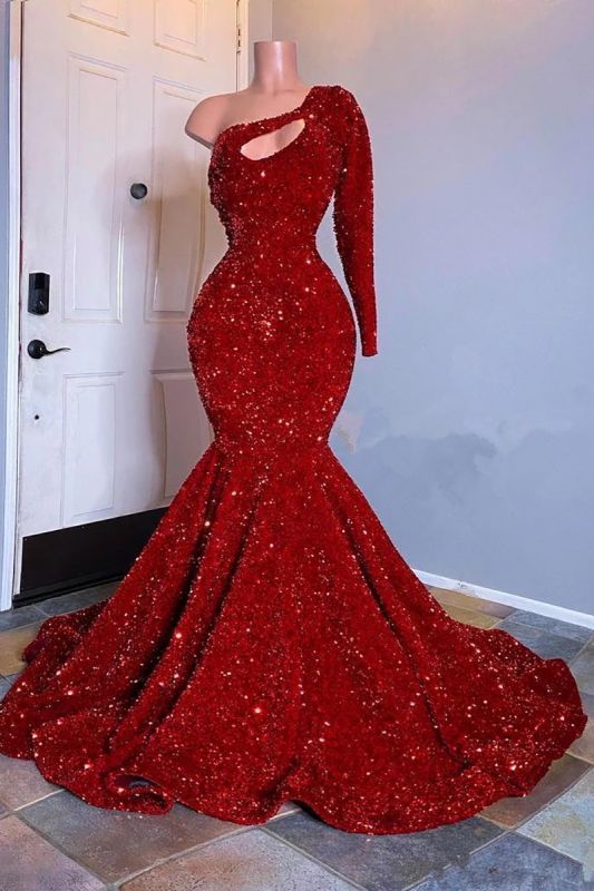 Amazing Red Long Sleeves Prom Dress One-Shoulder Mermaid With Sequins-Ballbella