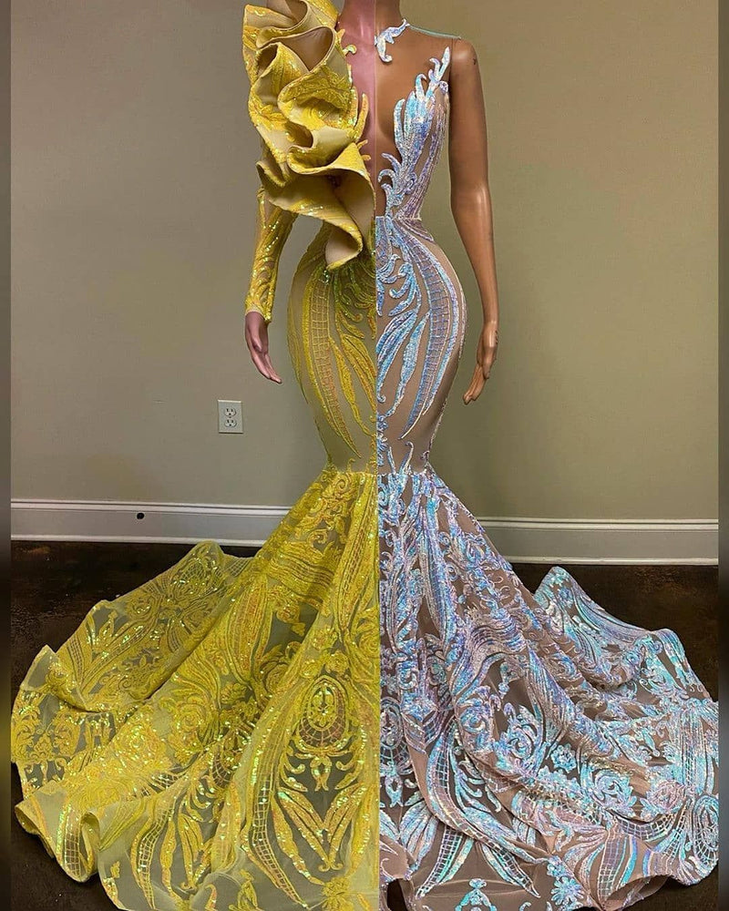 Amazing V-Neck One Shoulder Long Sleeve Long Mermaid Prom Dress-Ballbella