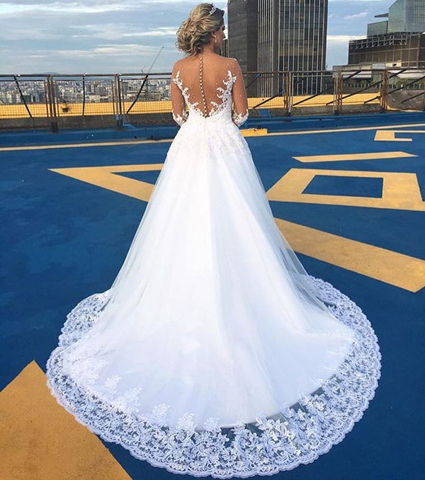 AmazingLace Sweep Train Bridal Gown Long Sleeves Tulle Wedding Dresses-Ballbella