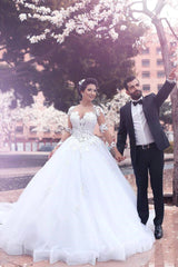 AmazingLong Sleeves Ball Gown Wedding Dresses Latest Lace Applique Bridal Gowns-Ballbella