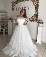 AmazingOff the shoulder Long Sleevess Lace Princess Plus size wedding dress-Ballbella