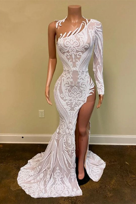 Asymmetrical Mermaid High Split One Shoulder Floor-length Long Sleeve Appliques Lace Prom Dress-Ballbella