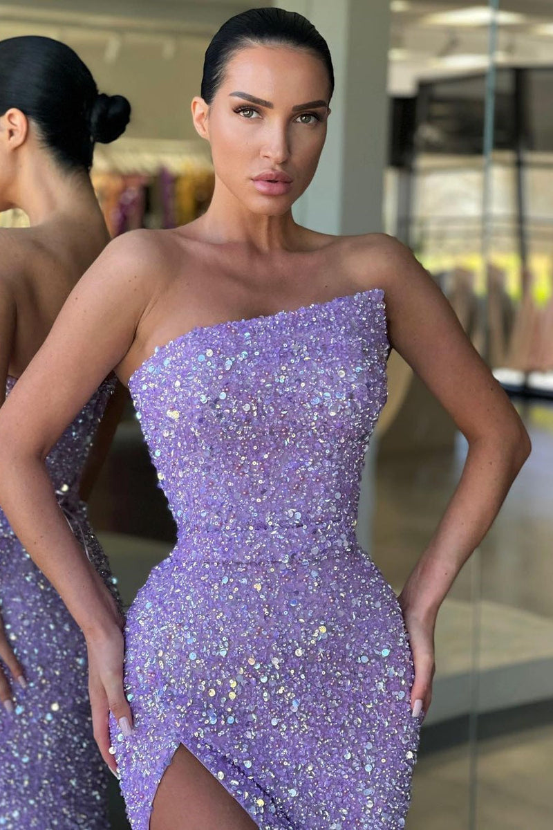 Asymmetrical Mermaid Off-the-shoulder Sequined Floor-length High Split Open Back Prom Dress-Ballbella