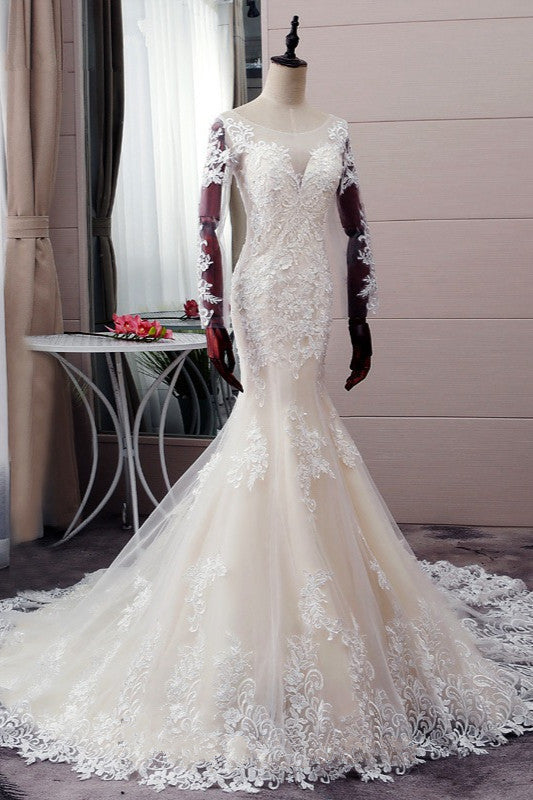 Autumn Long Sleevess Mermaid Lace appliques Ivory Wedding Dress-Ballbella