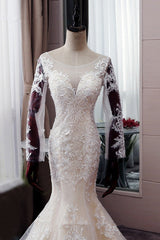 Autumn Long Sleevess Mermaid Lace appliques Ivory Wedding Dress-Ballbella