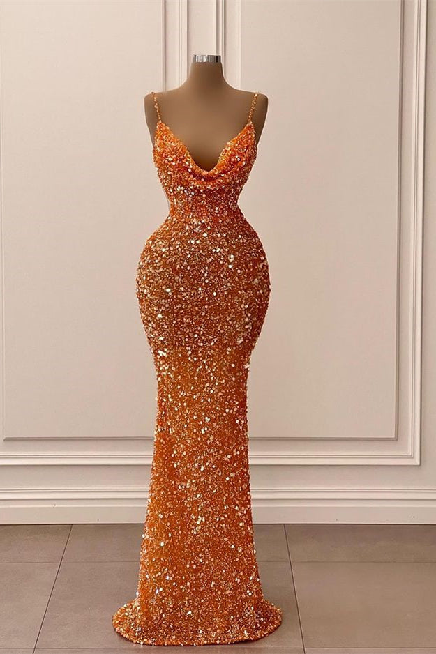 Stunning Orange Spaghetti-Straps Prom Dress Mermaid Sequins Sleeveless-Ballbella