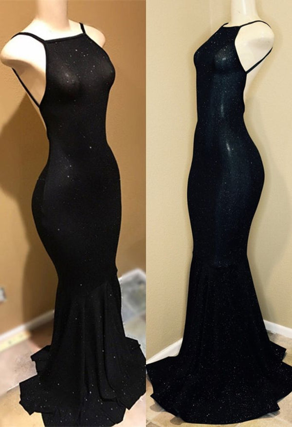 Backless black prom dress, sequins evening gowns-Ballbella