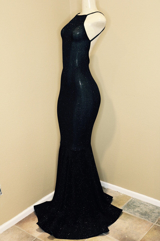 Backless black prom dress, sequins evening gowns-Ballbella