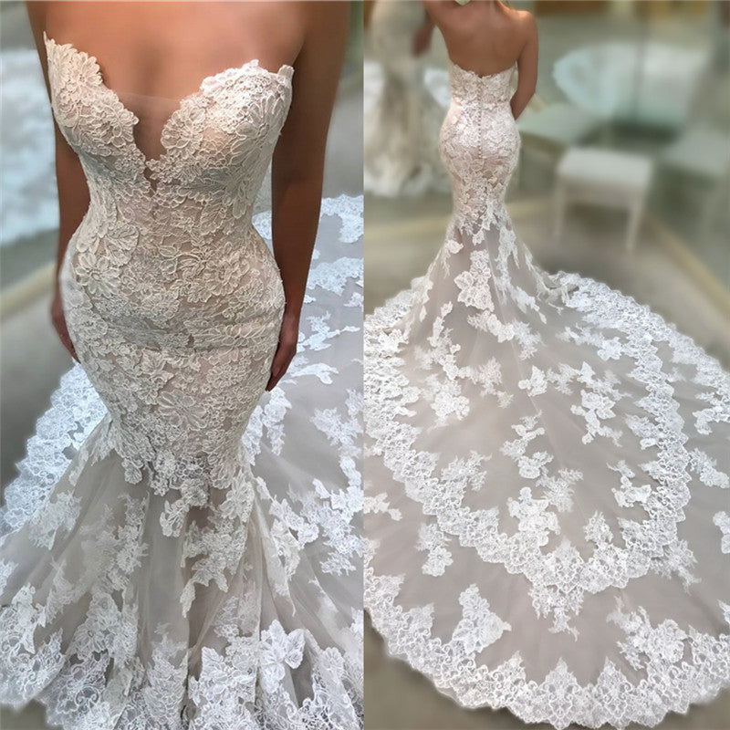 Backless Strapless Modern Mermaid Wedding Dresses Cathedral Train Lace Dresses for Weddings-Ballbella