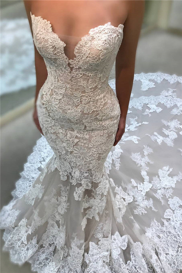 Backless Strapless Modern Mermaid Wedding Dresses Cathedral Train Lace Dresses for Weddings-Ballbella