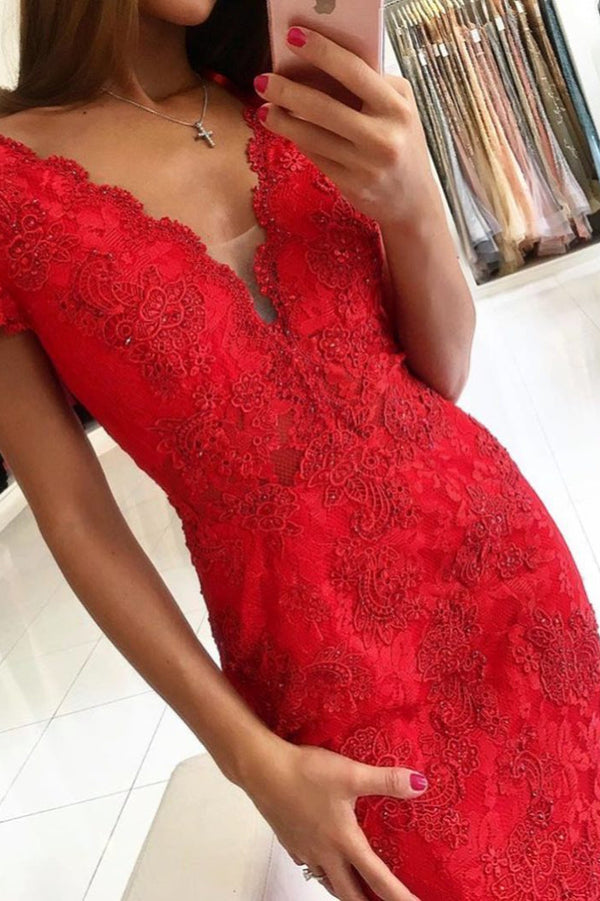 Backless V-neck Short Sleeves Lace Prom Dress Mermaid Red Long-Ballbella