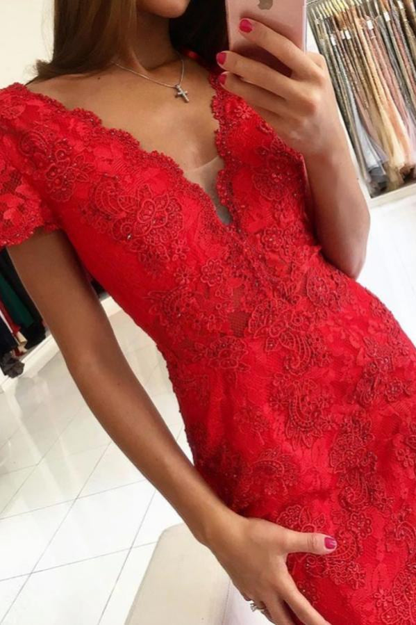 Backless V-neck Short Sleeves Lace Prom Dress Mermaid Red Long-Ballbella