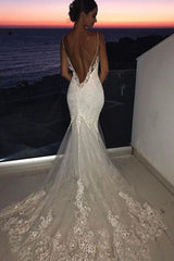 Backless Wedding Dresses Lace Mermaid Modern Spaghetti Straps Bride Dress-Ballbella