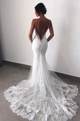 Backless Wedding Dresses Lace Mermaid Modern Spaghetti Straps Bride Dress-Ballbella