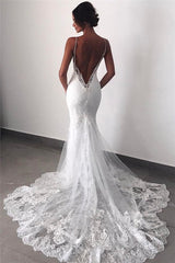 Backless Wedding Dresses Lace Mermaid Modern Spaghetti Straps Bride Dress-Ballbella