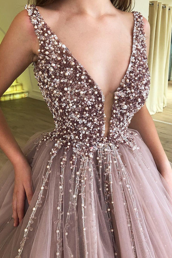 Ball Gown Deep V-neck Wide Strap Floor Length Tulle Beaded Prom Dress-Ballbella