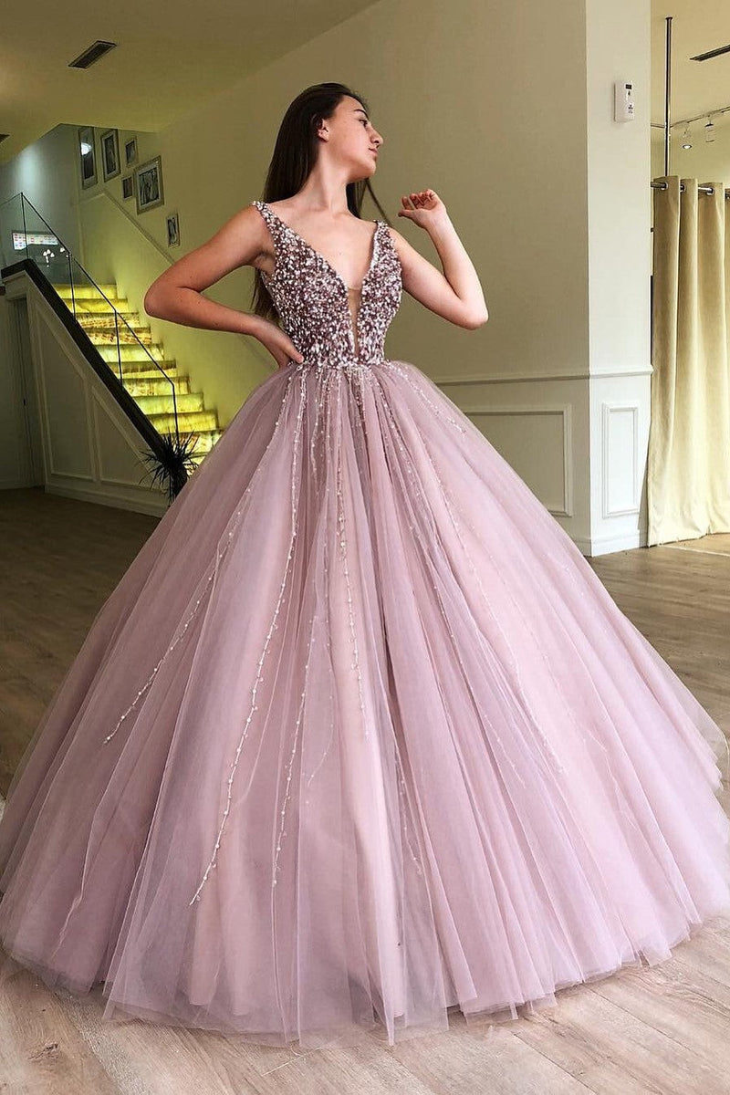 Ball Gown Deep V-neck Wide Strap Floor Length Tulle Beaded Prom Dress-Ballbella