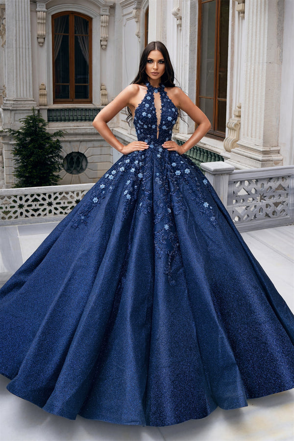 Ball Gown Halter Floor-length Sleeveless Applique Prom Dress-Ballbella