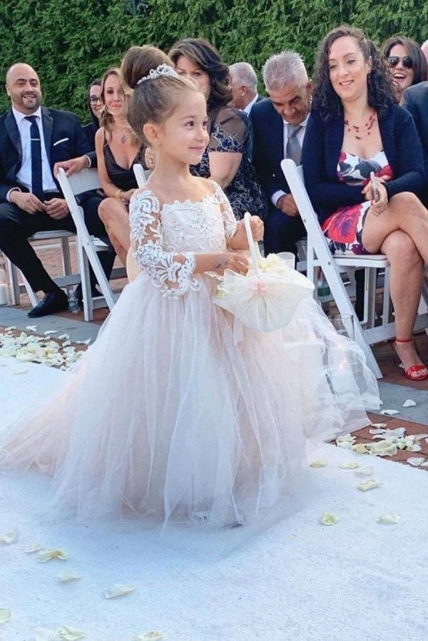 Ball Gown Long Sleeve Strapless Floor Length Tulle Applique With Back Bow Flower Girl Dress-Ballbella