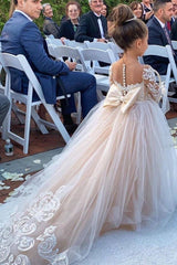 Ball Gown Long Sleeve Strapless Floor Length Tulle Applique With Back Bow Flower Girl Dress-Ballbella