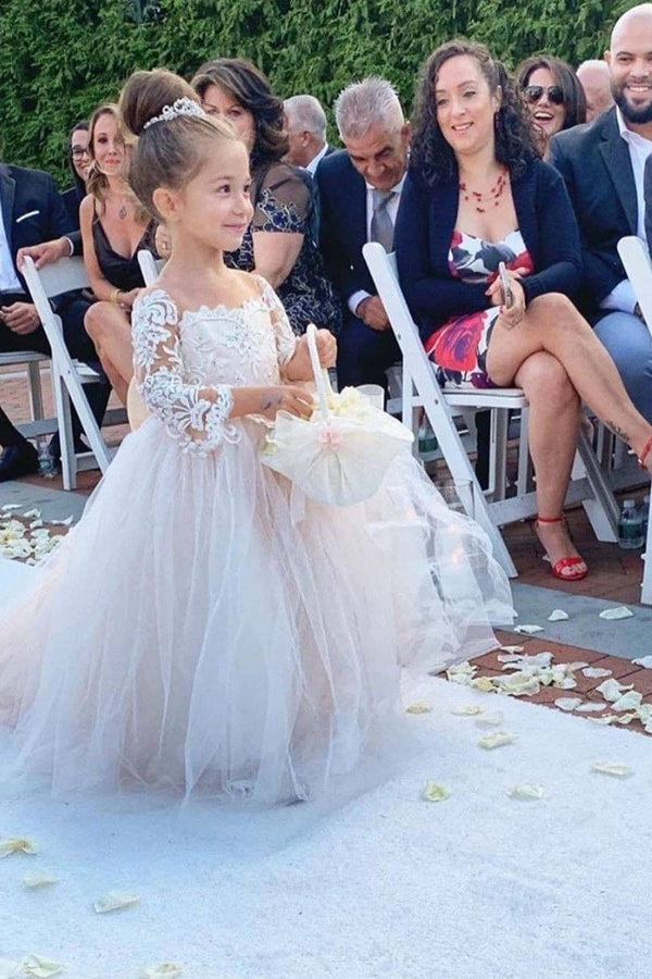 Ball Gown Long Sleeve Strapless Floor Length Tulle Applique With Back Bow Flower Girl Dress-Ballbella